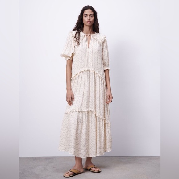 ZARA Floral Printed Muslin Midi Prairie Cottage Dress Ecru Beige - Picture 1 of 9